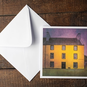 Yellow House-wenskaart – Surreal Cat & Cosy Home – New Home / Thinking of You – Handgemaakt VK