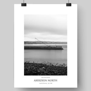 Aberdeen North Pier Lighthouse Fine Art print, Scottish Black & White Art Photo of Landscape, Limited Edition Scotland artistic photography