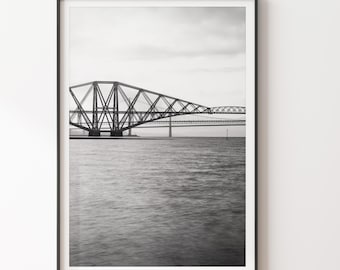 Forth Bridge Print – Black and White Scotland Photography, Minimalist Coastal Wall Art