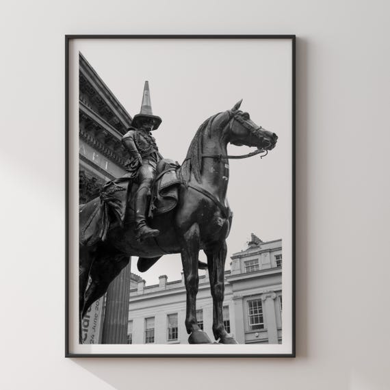 Glasgow Duke of Wellington Statue: Black & White Photography Print - Scotland Art Decor
