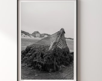Photographie d'épave de mauvaise humeur, art mural côtier écossais, impression nautique noir et blanc