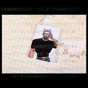 May include: A digital illustration of a person wearing a black shirt and a skull mask with headphones. The person has pink headphones with a skull design. The background is a blurry image of a floral pattern.