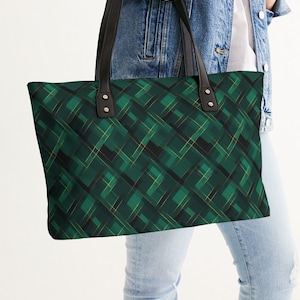 Deep Green Modern Plaid Faux Leather Tote