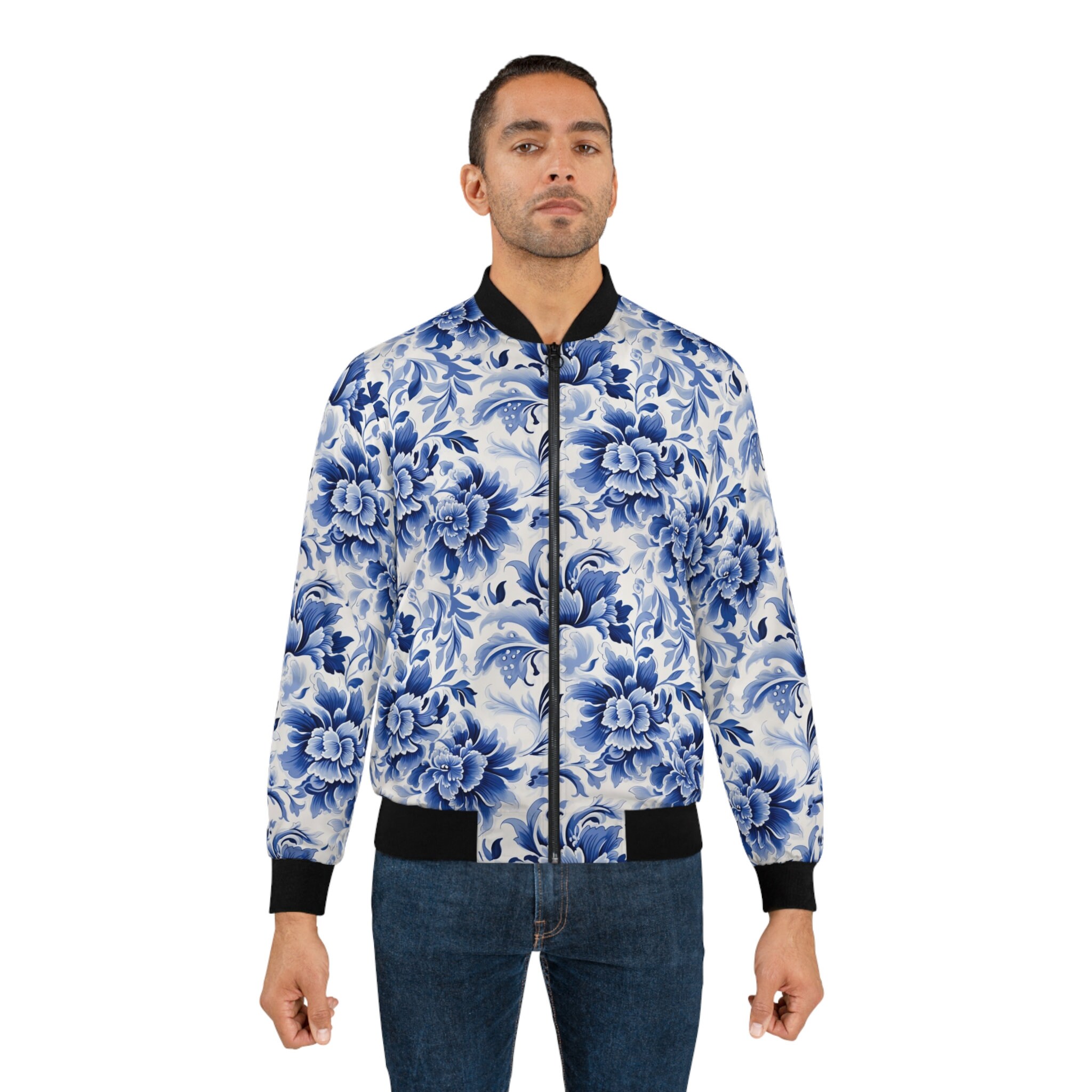 Blue and White Floral Bomber Jacket