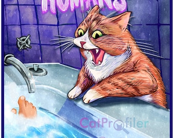 Cuando los humanos se sumergen, póster de terror vintage con impresión artística de gato, 11" x 17", archivo brillante, 100 libras. Papel, ¡¡ENVÍO GRATIS!!