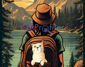 Journey Outdoors: póster de viaje vintage Cat Fantasy, 12" x 18", archivo brillante, 100 libras. Papel, Arte de pared de mediados de siglo, ENVÍO GRATIS!!