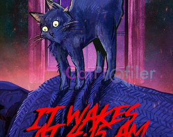 Se despierta a las 4:15 am Póster de terror vintage con impresión artística de gato, 11" x 17", archivo brillante, 100 libras. Papel, ¡¡ENVÍO GRATIS!!