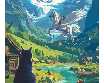 Póster del gato Valhalla, 12" x 18", archivo brillante, 100 libras. Papel, Arte de fantasía de gato, ¡¡ENVÍO GRATIS!!