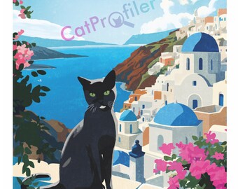 Póster de viaje con impresión artística del gato de Santorini, 12" x 18", archivo brillante, 100 libras. Papel, Gatos Callejeros de Grecia, ¡¡ENVÍO GRATIS!!