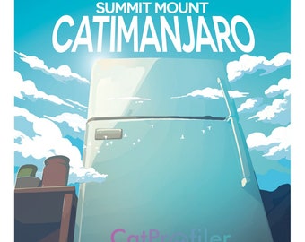 Póster de viaje con impresión artística de gato Summit Mount Catimanjaro, 12" x 18", archivo brillante, 100 libras. Papel, Arte de fantasía de gato, ¡¡ENVÍO GRATIS!!