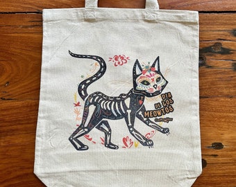Bolsa de mano para gatos Dia de los Muertos, lona pesada de 12 oz, refuerzo inferior de 3", 15" de ancho x 16" de alto x 3" de profundidad, asas de 21", reforzado en los puntos de tensión