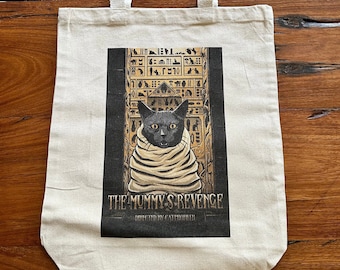 Bolso de mano The Mummy's Revenge Cat, lona pesada de 12 oz, refuerzo inferior de 3", 15" de ancho x 16" de alto x 3" de profundidad, asas de 21", reforzado en los puntos de tensión