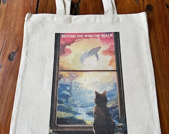 Beyond the Window Realm Travel Cat Tote Bag, lona pesada de 12 oz, refuerzo inferior de 3", 15" de ancho x 16" de alto x 3" de profundidad, asas de 21", reforzado