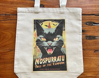 Nospurratu Bolso de mano con diseño de gato vampiro, lona pesada de 12 oz, refuerzo inferior de 3", 15" de ancho x 16" de alto x 3" de profundidad, asas de 21", reforzado en los puntos de tensión