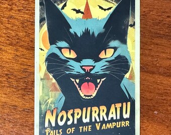 Gran pegatina de gato vampiro de terror vintage. 3" x 4,5". Vinilo de alta calidad: ¡apto para lavavajillas y resistente a la intemperie!
