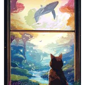 May include: A brown cat sits by a window looking out at a fantastical landscape with a whale flying in the sky. The text "Beyond the Window Realm" is at the top of the image and "Tours by CatProfiler" is at the bottom.
