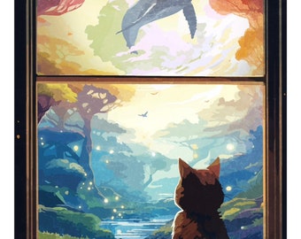 Póster de viaje con impresión artística de gato de Beyond the Window Realm, 12" x 18", archivo brillante, 100 libras. Papel, Arte de fantasía de gato, Arte de pared, ¡ENVÍO GRATIS!