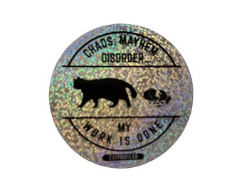 Pegatina de gato con purpurina "Caos". Vinilo de alta calidad: apto para lavavajillas, resistente a la intemperie, ¡perfecto para computadoras portátiles, equipaje y botellas de agua!