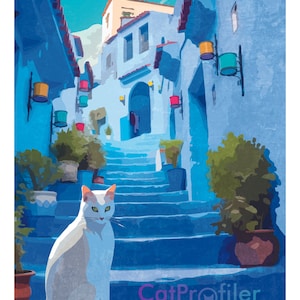 Poster piccolo con stampa artistica del gatto di Chefchaouen, 12" x 18", archivio lucido 100 sterline. Carta, Gatti della Città Blu del Marocco SPEDIZIONE GRATUITA!!