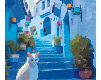 Póster pequeño con impresión artística del gato de Chefchaouen, 12" x 18", archivo brillante, 100 libras. Papel, Gatos de la Ciudad Azul de Marruecos ¡¡ENVÍO GRATIS!!