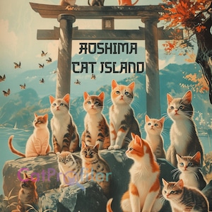 Poster da viaggio con stampa artistica di Cat Island Cat, 12" x 18", archivio lucido da 100 sterline. Carta, Gatti Randagi di Aoshima, SPEDIZIONE GRATUITA!!
