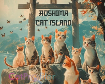 Póster de viaje con impresión artística de gato de Cat Island, 12" x 18", archivo brillante, 100 libras. Papel, Gatos callejeros de Aoshima, ¡¡ENVÍO GRATIS!!