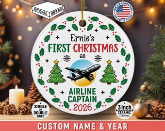 Personalized Airline Captain First Christmas Ornament Custom Name Aviation Gift For Pilot Career Milestone Keepsake