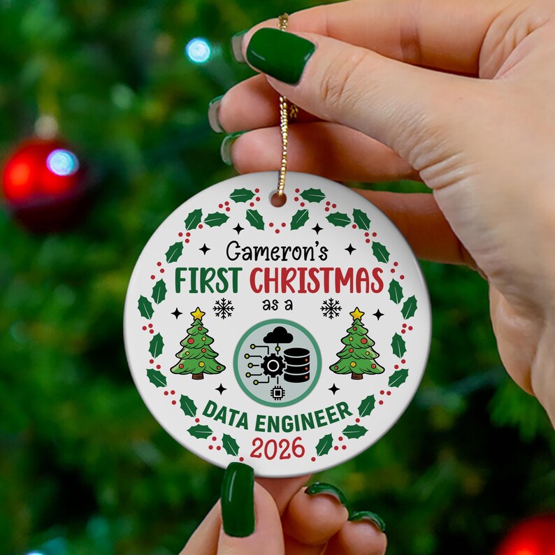 This Photo Card shows this round shape white ceramic ornament being placed on a Christmas tree by human hands.