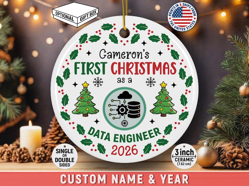 This Photo Card shows a round shape white ceramic Christmas ornament featuring a personalized First Christmas As A Data Engibeer design with custom name and year.
