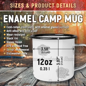Tabla de tallas de tazas de campamento esmaltadas, maqueta de taza de campamento, detalles del producto de taza de fogata, taza de borde negro de 12 oz, taza de café esmaltada, descarga digital PNG