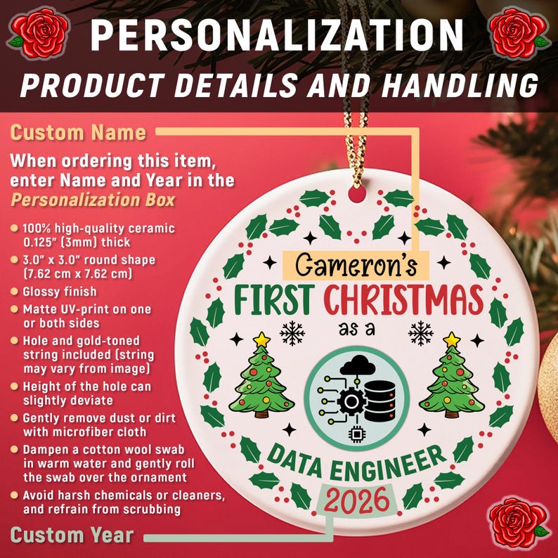 This Photo Card shows the Dimensions and the Product Details of this round shape white ceramic Christmas ornament.