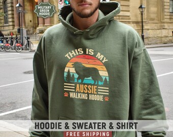 Aussie Walking Hoodie For Australian Shepherd Mom & Dad Retro Vintage Sunset Dog Walkers Hooded Sweatshirt