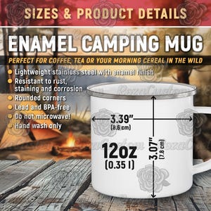 Tabla de tallas de tazas de camping esmaltadas, maqueta de taza de camping, taza de 355 ml, taza para fogata. Detalles del producto: Taza de café de acero inoxidable. Tamaños. Descarga digital PNG.