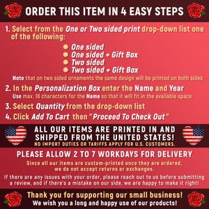 This Photo Card shows the 4 easy steps to take to buy this round shape white ceramic Christmas ornament.