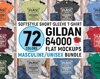 Può includere: Un mockup con magliette Gildan Softstyle a maniche corte in vari colori, abbinate a jeans e scarpe da ginnastica. L'immagine include il testo "72 Colori" e "Maschile/Unisex Bundle."