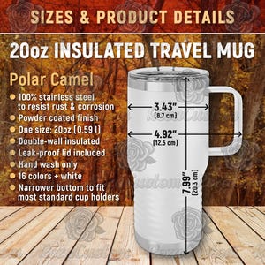 20 oz Insulated Travel Mug Size Chart, Stainless Steel Tumbler Product Details, Powder Coated Mug Color Chart, PNG File Digital Download