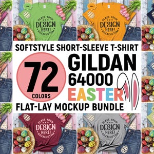 May include: A flat lay mockup bundle of 72 color Gildan 64000 t-shirts with Easter bunny ears and a basket of Easter eggs. The t-shirts are available in a variety of colors, including red, green, blue, yellow, and purple. The text on the t-shirts says "Place your design here! Rozacustom".