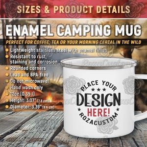 Maqueta de taza de camping esmaltada, tabla de tamaños de taza para fogata, taza de 12 oz, detalles del producto de taza de acero inoxidable, tamaños de taza de café PNG Descarga digital