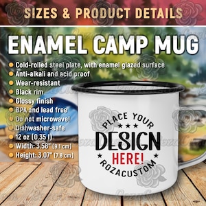 Tabla de tallas de tazas de campamento esmaltadas, maqueta de taza de campamento, detalles del producto de taza de fogata, taza de borde negro de 12 oz, taza de café esmaltada, descarga digital PNG