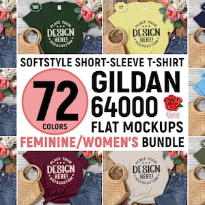Gildan 64000 T-Shirt Mockup Bundle: Flat Lay, Floral Design (PNG Digital Download)