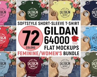 Pacchetto mockup di magliette Gildan 64000: Flat Lay, motivo floreale (download digitale PNG)