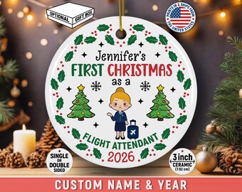 Personalized Flight Attendant First Christmas Ornament Custom Name Aviation Career Milestone Keepsake For Airline Cabin Crew Member