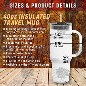 40 oz Insulated Travel Mug Size Chart, Stainless Steel Mug Product Details, Mug With Plastic  Straw Color Chart, PNG File Digital Download