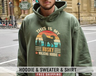 Siberian Husky Walking Hoodie For Mom Dad Retro Vintage Sunset Dog Walker Hooded Sweatshirt