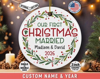 Personalized First Christmas Married Round Ceramic Ornament Custom Name Couple Milestone Keepsake Gift For Newlyweds