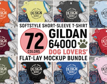 Pacchetto mockup di magliette per amanti dei cani: Gildan 64000 Flat Lay (download digitale)