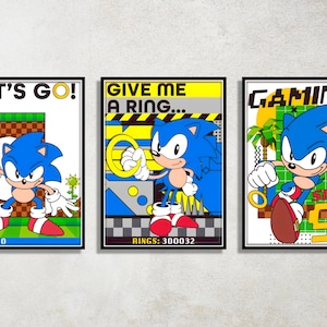 Set of 3 Sonic the Hedgehog Digital Download Poster Bundle for bedroom decor, party decor, game room decor, etc