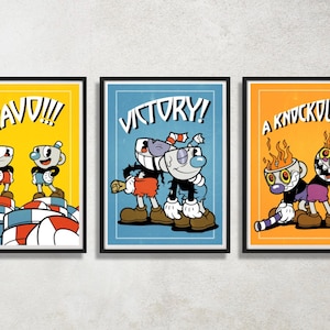 Set of 3 Cuphead Digital Download Poster Bundle for bedroom decor, party decor, game room decor, etc