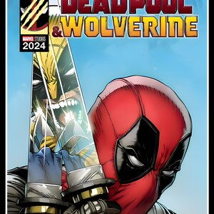 Puede incluir: Portada de c&oacute;mic con Deadpool y Wolverine, ambos con expresiones intensas, sosteniendo espadas. El t&iacute;tulo "DEADPOOL & WOLVERINE" est&aacute; en letras grandes y en negrita con un esquema de color amarillo y naranja. El logotipo de Marvel Studios y el a&ntilde;o 2024 est&aacute;n en la esquina superior izquierda.