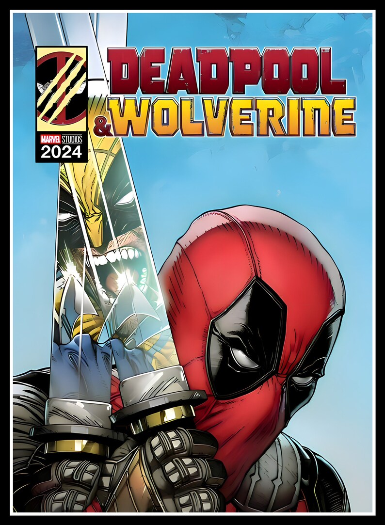 Puede incluir: Portada de c&oacute;mic con Deadpool y Wolverine, ambos con expresiones intensas, sosteniendo espadas. El t&iacute;tulo "DEADPOOL & WOLVERINE" est&aacute; en letras grandes y en negrita con un esquema de color amarillo y naranja. El logotipo de Marvel Studios y el a&ntilde;o 2024 est&aacute;n en la esquina superior izquierda.